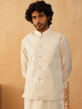 Embroidered With Sequin Silk Blend Nehru Jacket-JOWC-4105White